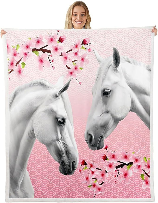 Horse Fleece Throw Blanket for Girls Boys Teens 3D Animal Theme Sherpa Blanket Kids Cherry Blossoms Plush Blanket Cute Pink Floral Room Decor Horse Lover Farmhouse Style Fuzzy Blanket Twin 60x80 Inch