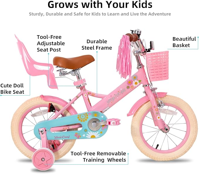 JOYSTAR Little Daisy Kids Bike for Girls Boys Ages 2-7 Years, 12 14 16 Inch Girls Bikes with Doll Bike Seat & Streamers, Boys Bike with Flag & Number Plate, Multiple Colors