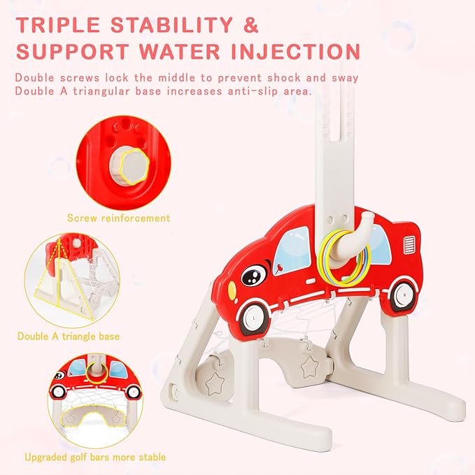 CYFIE Kids Basketball Hoop Toys with Football, Golf, Ring Toss, 4-in-1 Adjustable Height Toddler Activity Center Set for Girls Boys Sports Gifts Indoor Outdoor (Red)