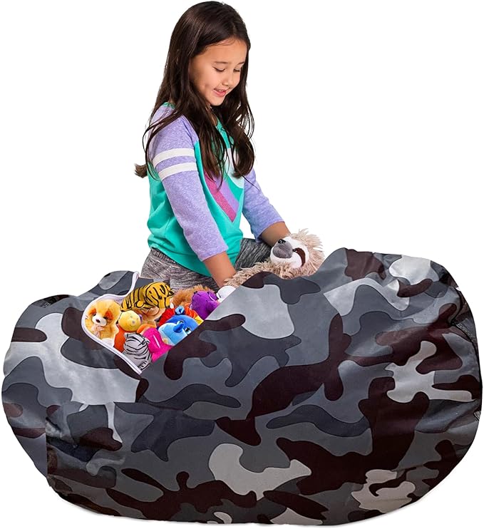 Posh Creations Kids Stuffed Animal Storage Bean Bag Chair Cover - Childrens Toy Organizer, X-Large-48in, Nylon Camo Dark and Black Gray
