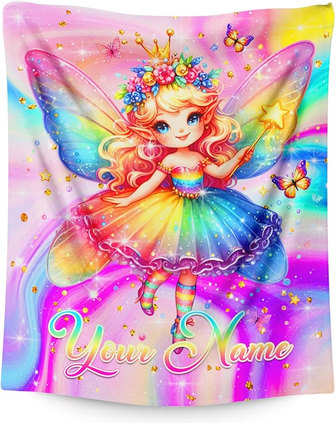 Personalized Name Blanket for Girls, Fairy Throw Blanket Gift for Kids Teens Girls Age 6-8, 50"x40" Custom Name Blankets for Couch Sofa Bed Bedroom Decor Travel