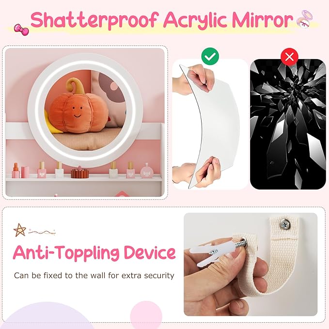 Costzon Kids Vanity, Girls Vanity Set with Mirror and Lights, Jewelry Storage, Shelves, Princess Toddler Makeup Vanity Desk Dressing Table, Wooden Kids Vanity Table and Chair Set (White)