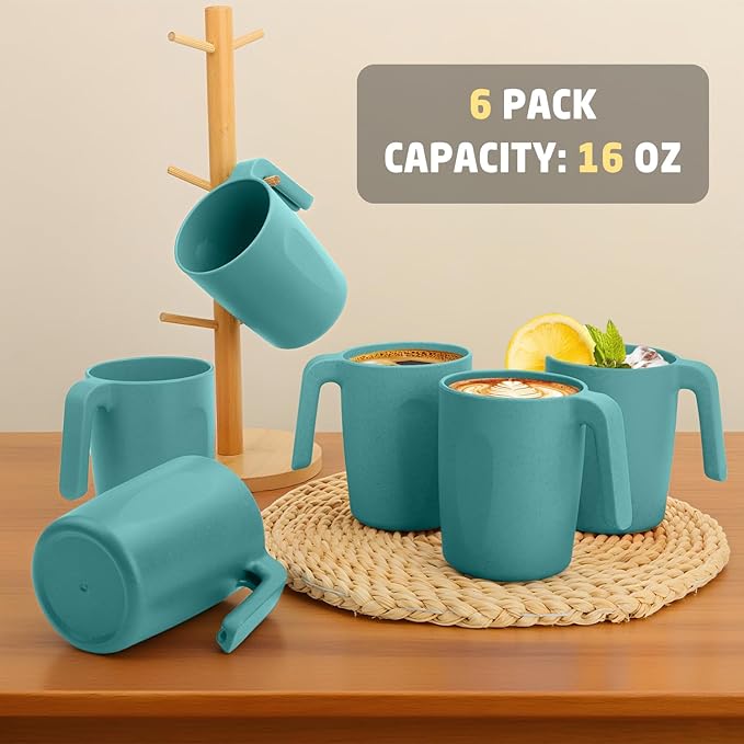 Coffee Mug 16 OZ, Wheat Straw Coffee Mugs Set of 6, Unbreakable Water Tumbler, Plastic Mugs with Handles, Microwave and Dishwasher Safe Camping Coffee Cups for RV, Outdoor Activities - Green
