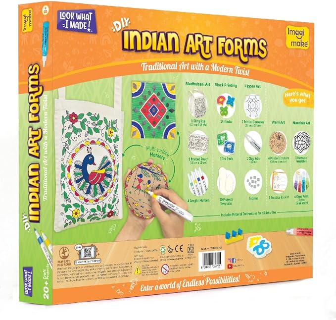 Imagimake Indian Art Forms- Arts and Crafts for Kids Ages 8-12, Learn 5 Indian Art Forms-Madhubani, Warli, Lippan, Mandala & Block Printing Arts, DIY Craft Kit for Girls & Boys- Gift for Kids