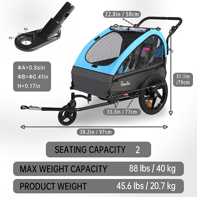 Sepnine Kids Bike Trailer, 2 in1 Canopy Carrier Converts to Stroller Suitable for 1 to 2 Kids, 12+ Months, Quick Attach to Bike, Foldable, with 5-Point Harness and Storage Bags