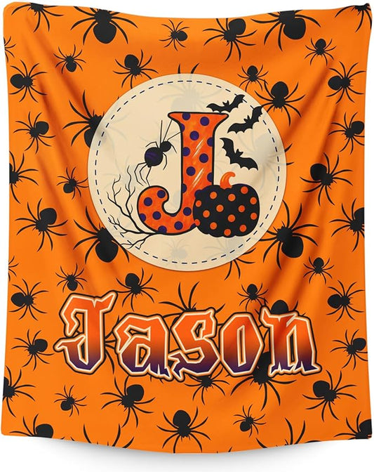 Halloween Blanket Gifts with Name Initial for Kids Boys Girls - Personalized Flannel Throw Blanket Soft Cozy Fuzzy - Halloween Blankets for Couch Sofa Bed Decor