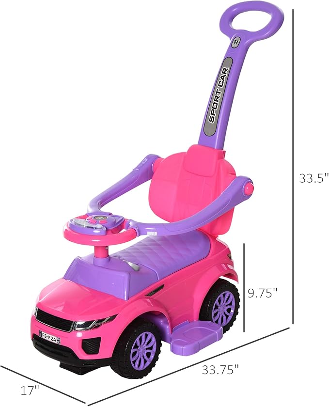 Aosom 2 in 1 Push Cars for Toddlers Kid Ride on Push Car Stroller Sliding Car with Horn Music Light Function Secure Bar Ride on Toy for Boy Girl 1-3 Years Old Pink