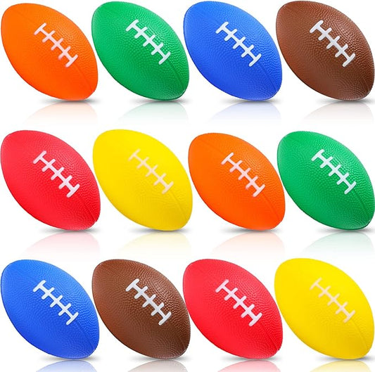 Jerify 12 Pcs Mini Footballs for Kids 4.72 Inch Foam Stress Balls - Waterproof Small Football for Birthday, Carnival, Reward, S Bow Game, Party Favors (Bright Color)