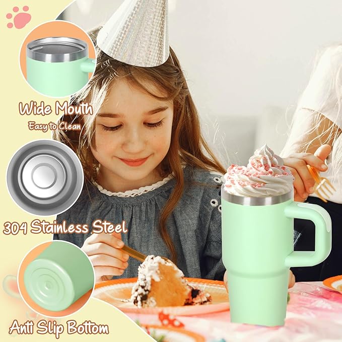 Cosictic 2 Pack 14 Oz Tumbler with Handle and Straw for Kids, Stainless Steel Double Wall Vacuum Insulated Cup for Children, 14 Oz Cups for Kids (Sky Blue, Green)