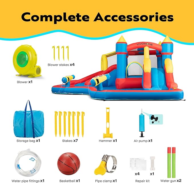 VIVOHOME 6 in 1 Bounce House for Kids, Big Swimming Pool Bouncy Castle with Slide, 15x14 FT Inflated Bouncer for Outdoor with Blower, Basketball, Climb, Srinkler, Water Pool, Water Gun