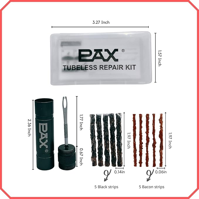 PAX 12 Pcs Tubeless Bike Tire Repair Kit, Includes Storage Canister, Plugger Tool, Plugs-5 Bacon, and 5 Black Strips. Fix a Puncture or Flat, Fast for MTB、Gravel Bike Tires and Road Bicycle Tires