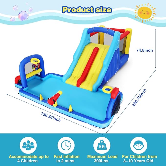 Inflatable Water Slide Bounce House, Double Slide Bouncer Castle Playhouse w/Splash Pool,Jump Area, Climbing Wall,Basketball Hoop, Water Balls, 550W Air Blower for Kids Backyard Indoor Outdoor Use
