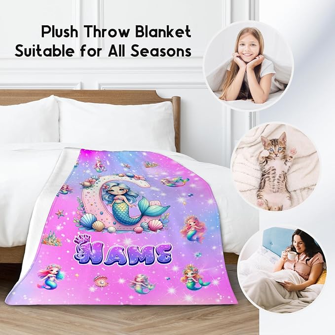 Mermaid Blanket for Girls Personalized Gifts Blankets for Kids - Soft Fuzzy Cozy Initial Throws for Sofa, Living Room
