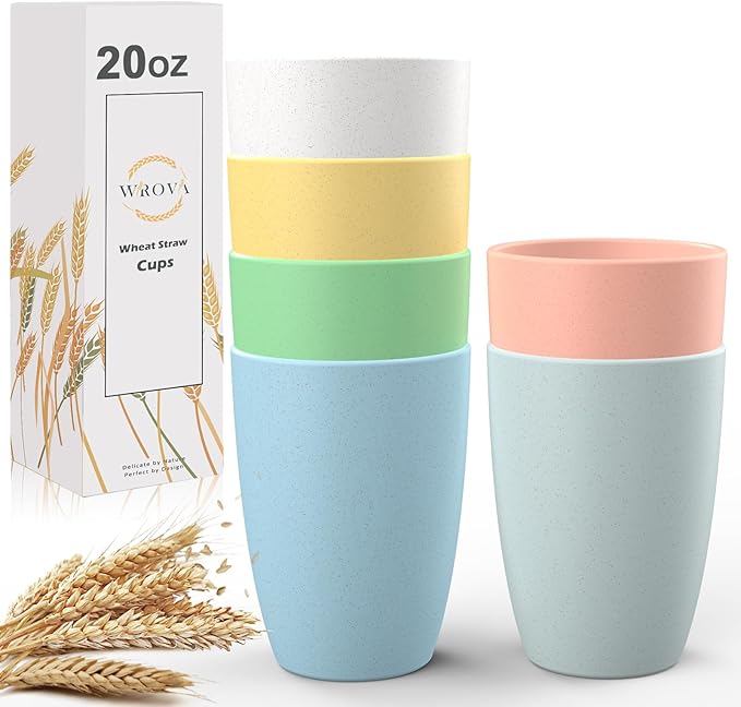 unbreakable wheat straw cups 20oz set of 6 with textured pattern anti slipping,large plastic drinkings cups microwave safe and dishwahser safe.6-Mixed-Colors