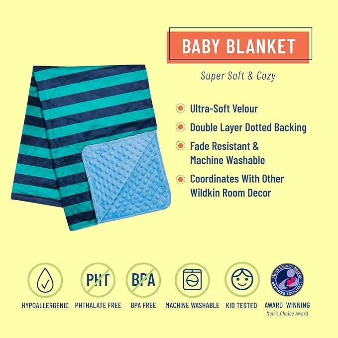 Wildkin Plush Baby Blanket – Soft & Cozy Comfort, Ideal for Toddlers, Travel & Daycare - Blue Stripes