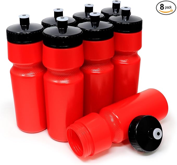 Rolling Sands USA Made Reusable 24 oz Sports Water Bottles, 8 Pack, BPA-Free, Easy Open Pull-Top, Fits Most Bike Cages, Dishwasher Safe, Lightweight - for Kids to Adults, Red