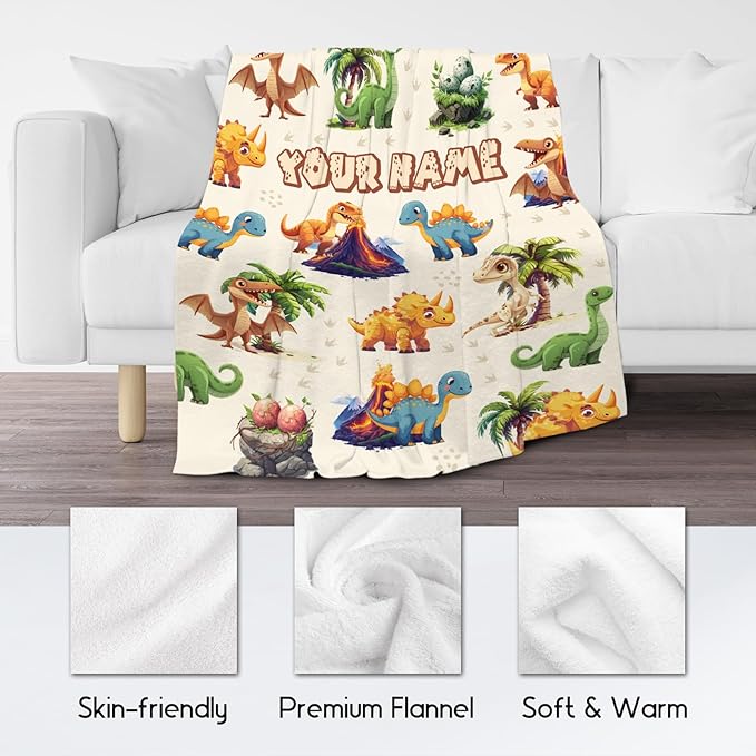 Personalized Kids Blankets for Boys Girls, Custom Dinosaur Blanket for Boys, Soft Fuzzy Flannel Throw Gifts Ideal, 50"x60" Kid Dinosaur Gift
