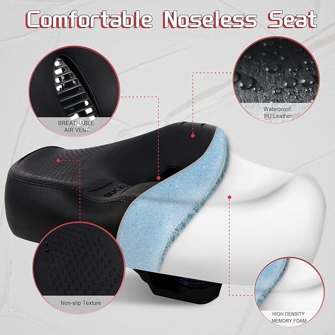BUCKLOS New Noseless Bike Seat for Comfort Men&Women Extra Wide Bicycle Seat Cushion Oversized Comfortabele Foam Padded Bike Saddle for Peloton Exercise Bike Ebike Cruiser Bikes