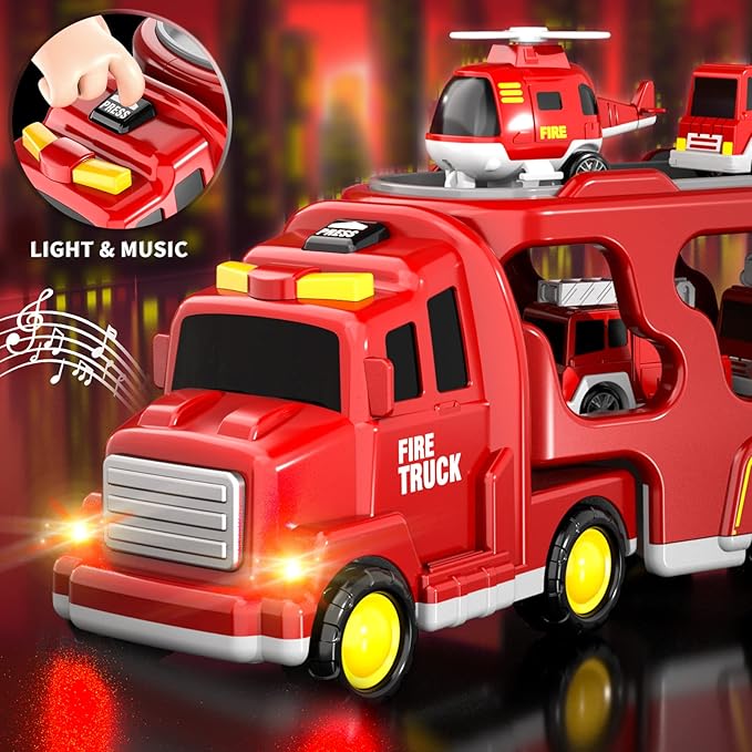 Bennol 5-in-1 Fire Trucks Toy Set for Boys Age 1-3 3-5, Fire Car Truck for Toddlers 1 2 3 4 5 6 Years Old, Christmas Birthday Gift Car Sets with Light Sound