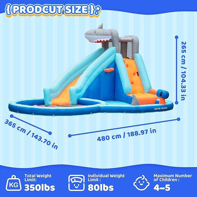 INFLATEBLE Waterslide Bounce House, Shark Blow-up Bouncer Toddlers Water Park Kids Bouncy Castle for Wet and Dry