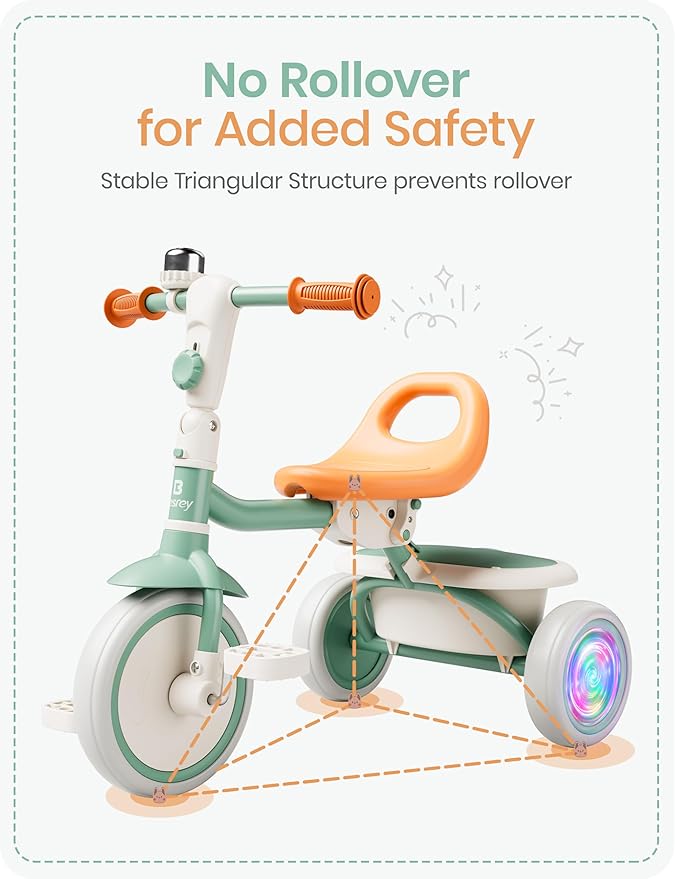 besrey Kids Tricycle with Flash Wheels for Ages 18 Months to 5 Years, Toddler Tricycle with Bell, Kids Tricycle, Gift for 2-5 Year Olds, Gift and Toy for Boys and Girls, Tricycle for Toddlers, Green