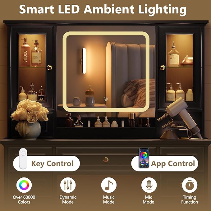 43'' Makeup Vanity with Mirror and Lights, Farmhouse Vanity Desk with Drawers & Charging Station, 3 Lighting Modes & Adjustable Brightness, Glass Cabinet, Dressing Table for Bedroom, Black