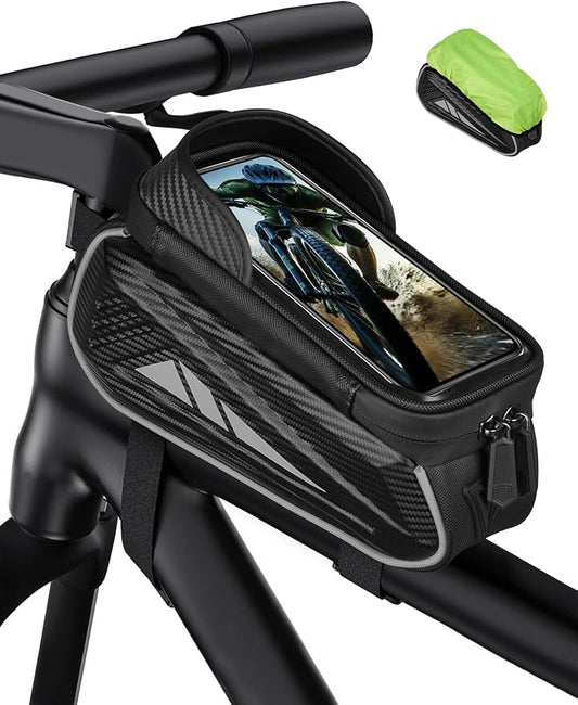 Bike Phone Holder Bag, EVA Waterproof Bicycle Front Frame Bag, Bike Accessories Cycling Pouch with Sensitive TPU Touch-Screen, Bicycle Phone Mount with Rain Cover for Phone under 6.5"(Sliver,6.5 inch)
