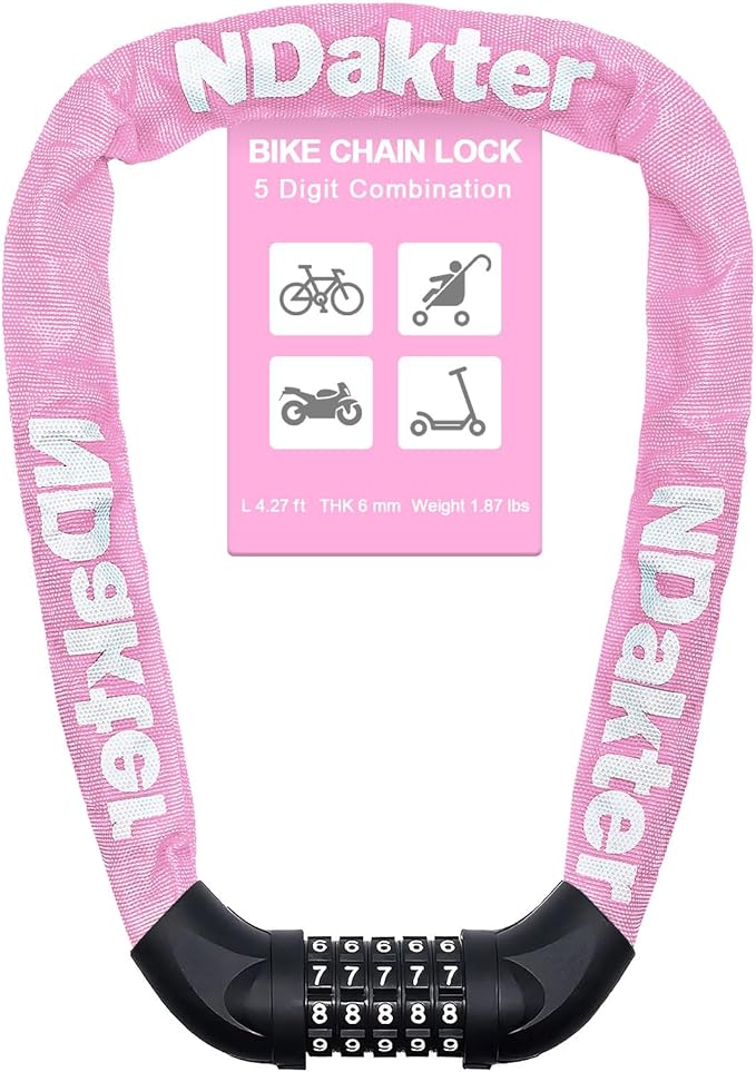 NDakter Bike Chain Lock, 5 Digit Combination Heavy Duty Anti Theft Bicycle Chain Lock,2.62/3.2/4.27/5/6Ft Long Security Resettable Bike Locks for Bike, Bicycle, Scooter, Door, Gate, Fence-4/6mm Thick