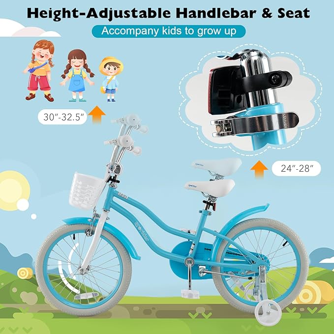 BABY JOY Kids Bike, 12 14 16 18 20 Inch Boys Girls Bike w/Adjustable Seat, Removable Basket, Handbrake & Coaster Brake, Training Wheels or Kickstand, Kids Bicycle with Multi-Color