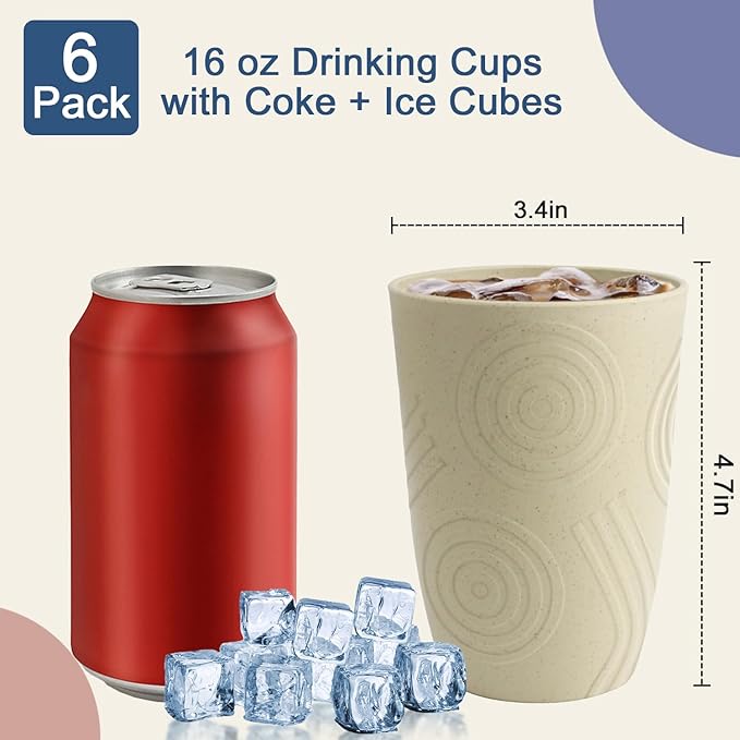 Wheat Straw Cups 6 PCS - 16 OZ Cup Set, Unbreakable Drinking Glasses, Kids Cup Set for Kitchen, Alternative to Plastic Cups Reusable Dishwasher Safe Water Tumbler (Beige)