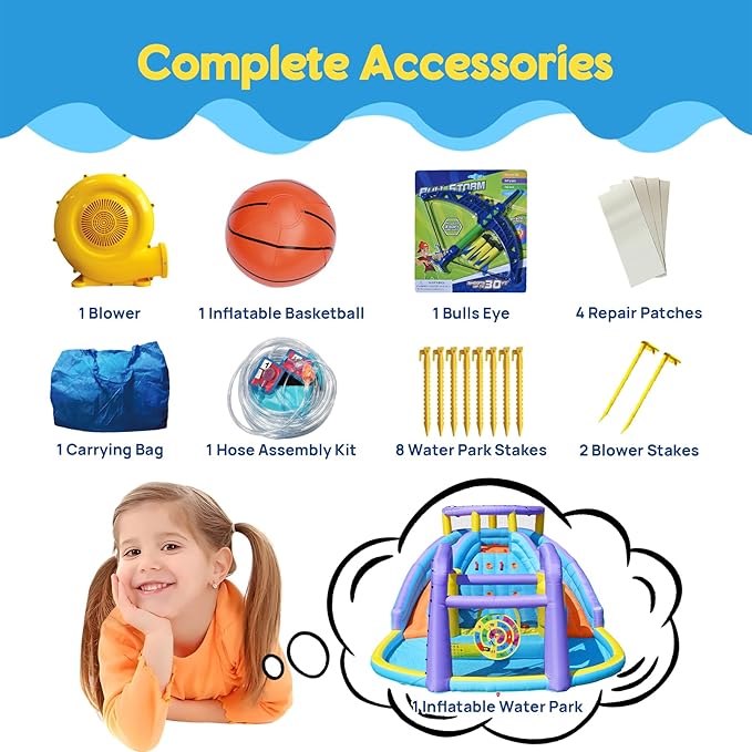 Inflatable Bounce House Water Slide Combo, Blow Up Water Slides for Backyard, Kids Jumper with Climbing Wall, Basketball Hoop, Splash Pool with Blower (Double Water Slide)