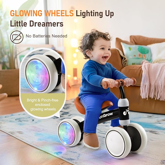 Colorful Lighting Baby Balance Bike Toys for 1 Year Old Boys Gifts, Balance Bike 1 Year Old No Pedal, 12-24 Months Toddler Ride on Toys with 4 Silent Wheels & Soft Seat, 1st Birthday Gifts, Black