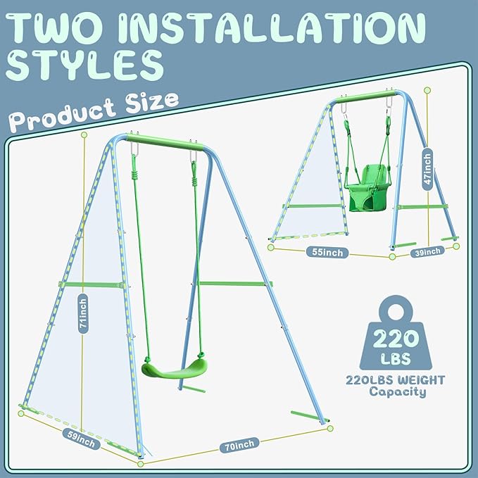 2-in-1 My First Toddler Swing Set for Backyard, Baby Indoor/Outdoor Swing with Foldable Stand, Belt & Soft Swing Seat with Safety Harness & Height Adjuster, Suitable for Children 6 Months and Older