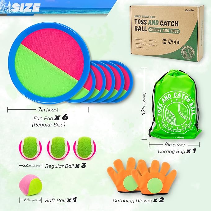 Toss and Catch Ball Set, Outdoor Games, Beach/Backyard/Lawn Games, Paddle Ball and Catch Game, Gifts for Kids/Adults/Family (6 Paddles, 4 Balls/Catching Gloves/Carrying Bag)