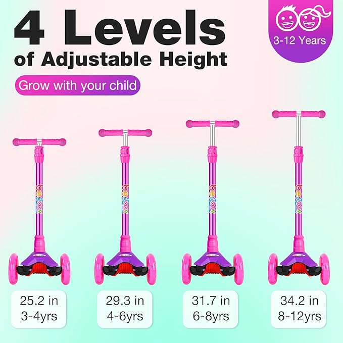 BELEEV Scooters for Kids 3 Wheel Kick Scooter for Toddlers Girls Boys, 4 Adjustable Height, Lean to Steer, Light up Wheels, Extra-Wide Deck, Easy to Assemble for Children Ages 3-12 (Rose Pink)