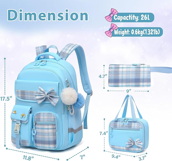 School Backpack for Girls Kids Bookbag for Elementary Middle School Casual Travel Daypack Teen Backpacks Blue Set
