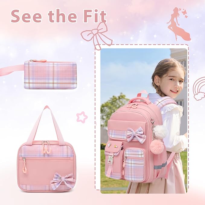 School Backpack for Girls Kids Bookbag for Elementary Middle School Casual Travel Daypack Teen Backpacks Pink Set