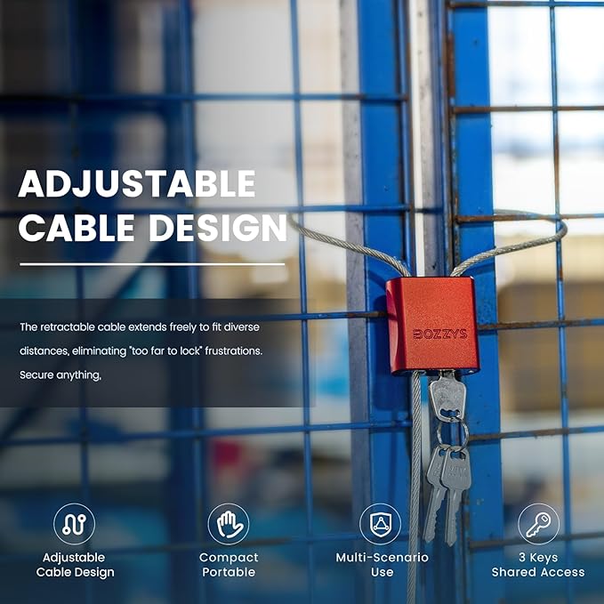 Adjustable Cable Padlock with 3 Keys | L 1.15ft x D 1/6in Aluminum Steel Cable Locks for Bikes, Gate, Lockers & Outdoor Gear | Keyed Different & Red