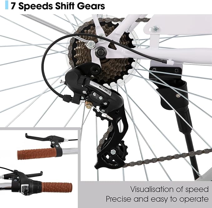 HILAND 26 inch Beach Cruiser Bike for Men and Women, 7 Speed Step-Through Frame Adult Bicycle with Rear Rack, Retrospec Bike Commuter City Bicycle