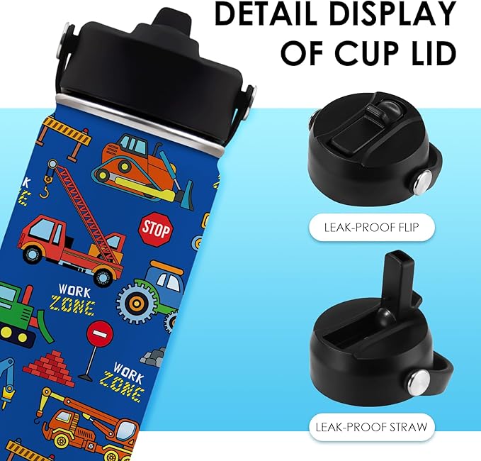 Construction Gifts for Men & Women - 16 Oz Water Bottle with Straw Lid, Stainless Steel Insulated Tumbler, Leak Proof, BPA-Free, for Boys, Travel - Truck Lovers Teen Birthday Gifts Cups(1pc)