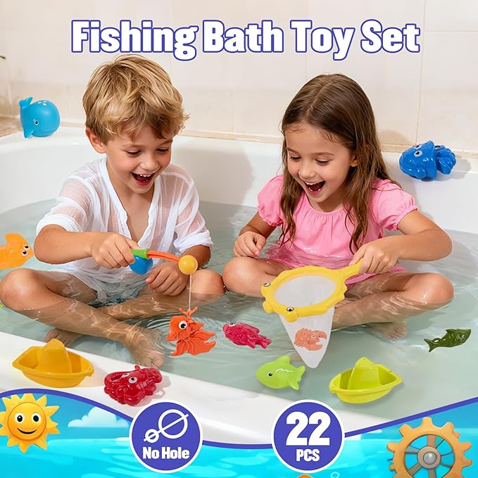 Bath Toys Fishing Toys Game for Kids Ages 1-3, 22 PCS | Mold-Free Toddler Bath Toys with Fishing Pole Rod Net Floating Fish & Storage Bag, No Hole Bathtub Toys, Outdoor Water Toys for Kids Ages 4-8