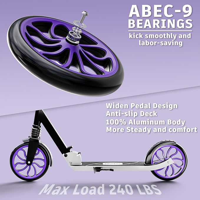 PHOEROS Kick Scooter for Kids Ages 6-12,Teens & Adults, Youth. Lightweight Aluminum Kick Scooter for Teens Adults Boys Girls with 8 inch Big Wheels, Foldable, 3 Height Adjustable, Shock Absorption.