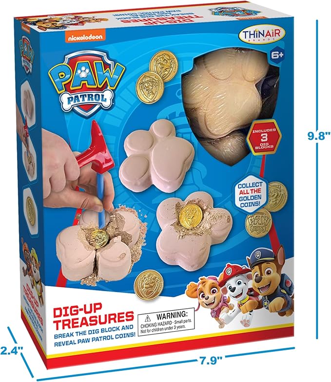 PAW Patrol Dig-Up Treasures Kit – 3 Dig Blocks with Hidden Golden Coins – Includes Chisel, Brush, Hammer & Magnifying Glass –STEM Archaeology Toy for Kids Ages 6+