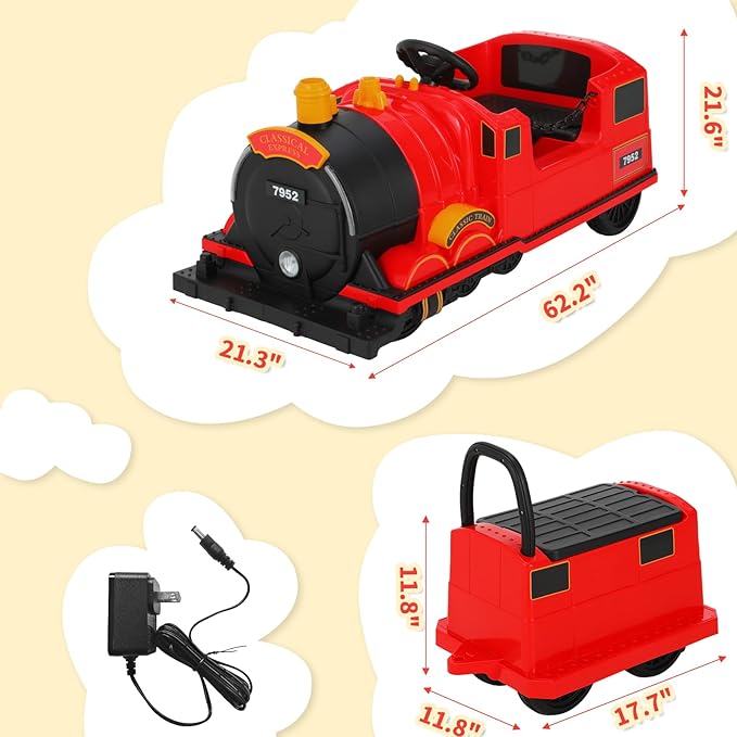 TLSUNNY Ride On Train Trackless, 12V Kids Battery Electric Train with 2-Seater，Detachable Carriage, Extra Storage, Colorful Lights & Music, Toddlers Car Toy for Boys & Girls Age 3+ (Red)