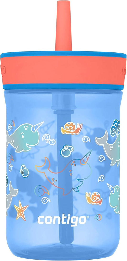 Contigo Kids’ Leighton Straw Tumbler with Spill-Proof Leak-Proof Lid 14oz Blue Poppy/Narwhals