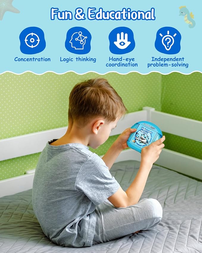 Rotating 3D Puzzle for Kids 3 4 5 6 7 Year Old, 4 Puzzles in 1, Handheld Game Fidget Toys for Travel, Cars & Plane, Fine Motor Skills Developing (Marine Life)