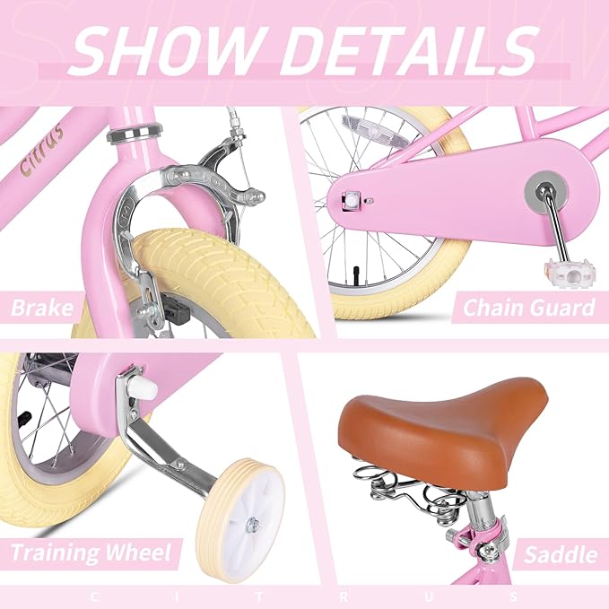 Girls Bike for Age 2-12 Years Old Kids Toddlers 12 14 16 18 20 Inches Retro Bicycles with Training Wheels Basket Bell Ring, Multiple Colors