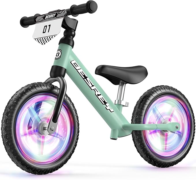 besrey Toddler Balance Bike 2 Year Old: All-Metal Frame & 12" Self-Lighting Wheels, Kids Bike with Adjustable Seat, Custom Plate w/Bonus 4 Sets of Stickers, Gift Bike for Boys Girls 2 3 4 5 Years Old