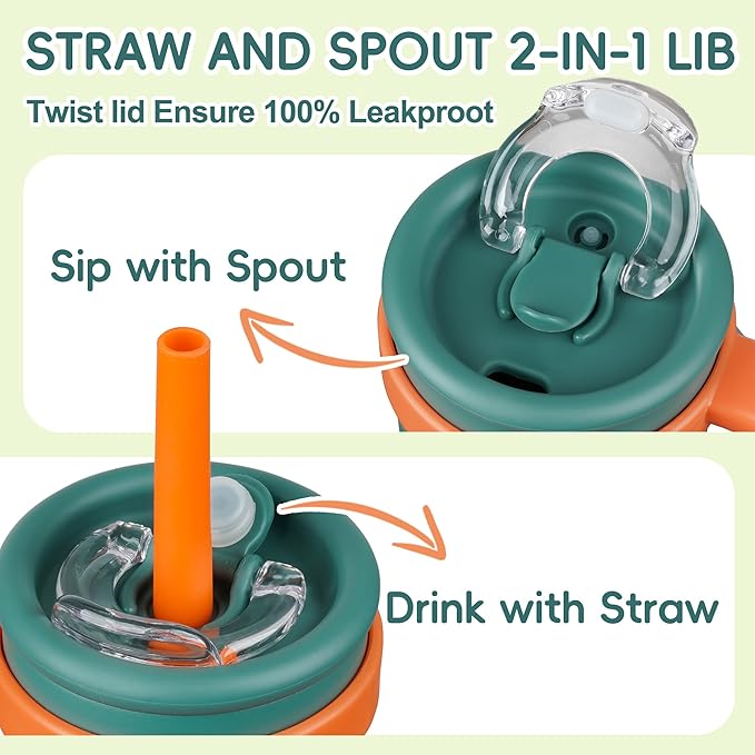 14oz Toddler Sippy Cup Vacuum Insulated Stainless Steel Kids Cup with Handle, Spill-Proof Straw, Leak-Proof Travel Cup for Home or On-the-Go