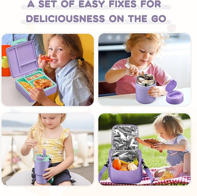 Lunch Box Set with Bento Box Container, 17OZ Stainless Steel Food Soup Thermo, Kids Water Bottle & Portable Insulated Lunch Bag – Leakproof, Hot/Cold Retention for School, Travel (Purple)